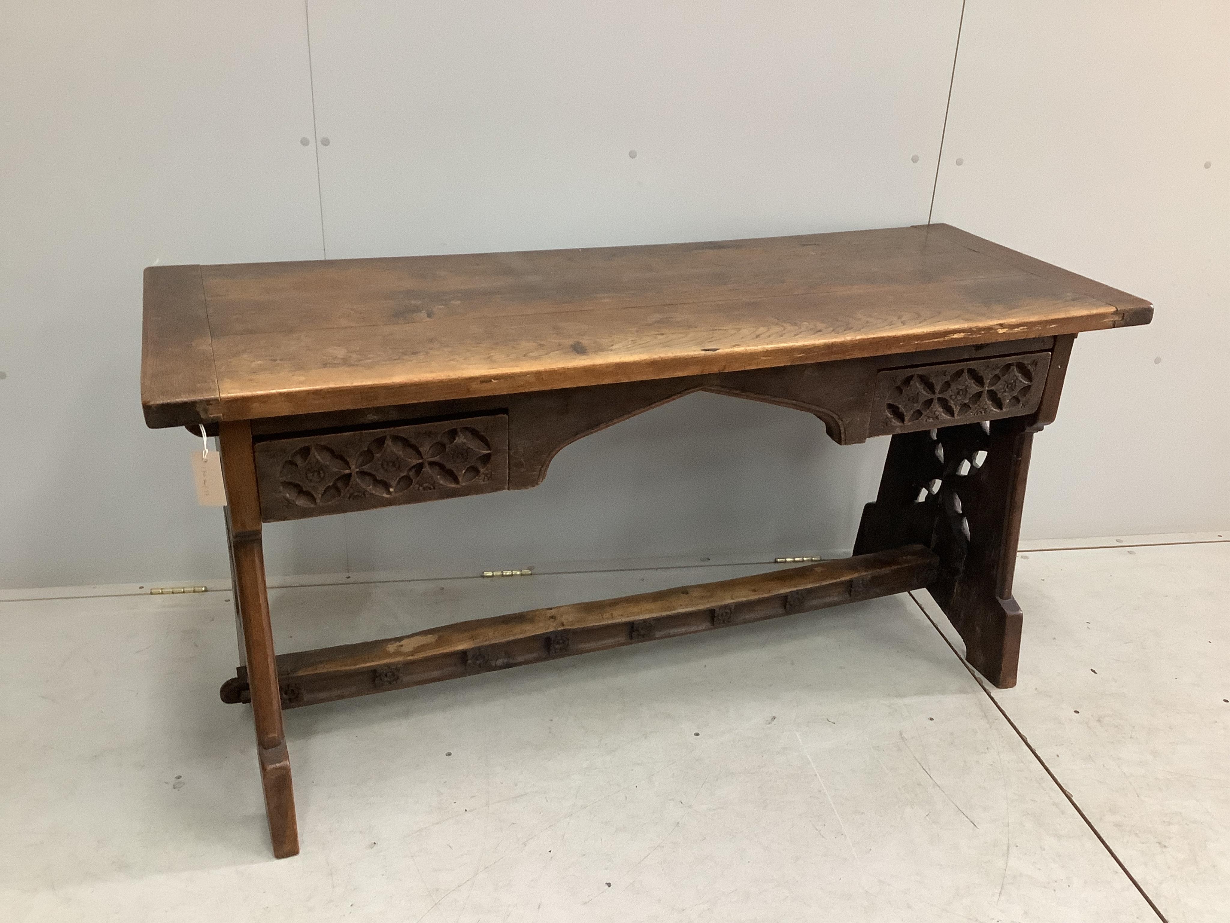 A 17th century style oak serving table, width 153cm, depth 58cm, height 75cm. Condition - fair